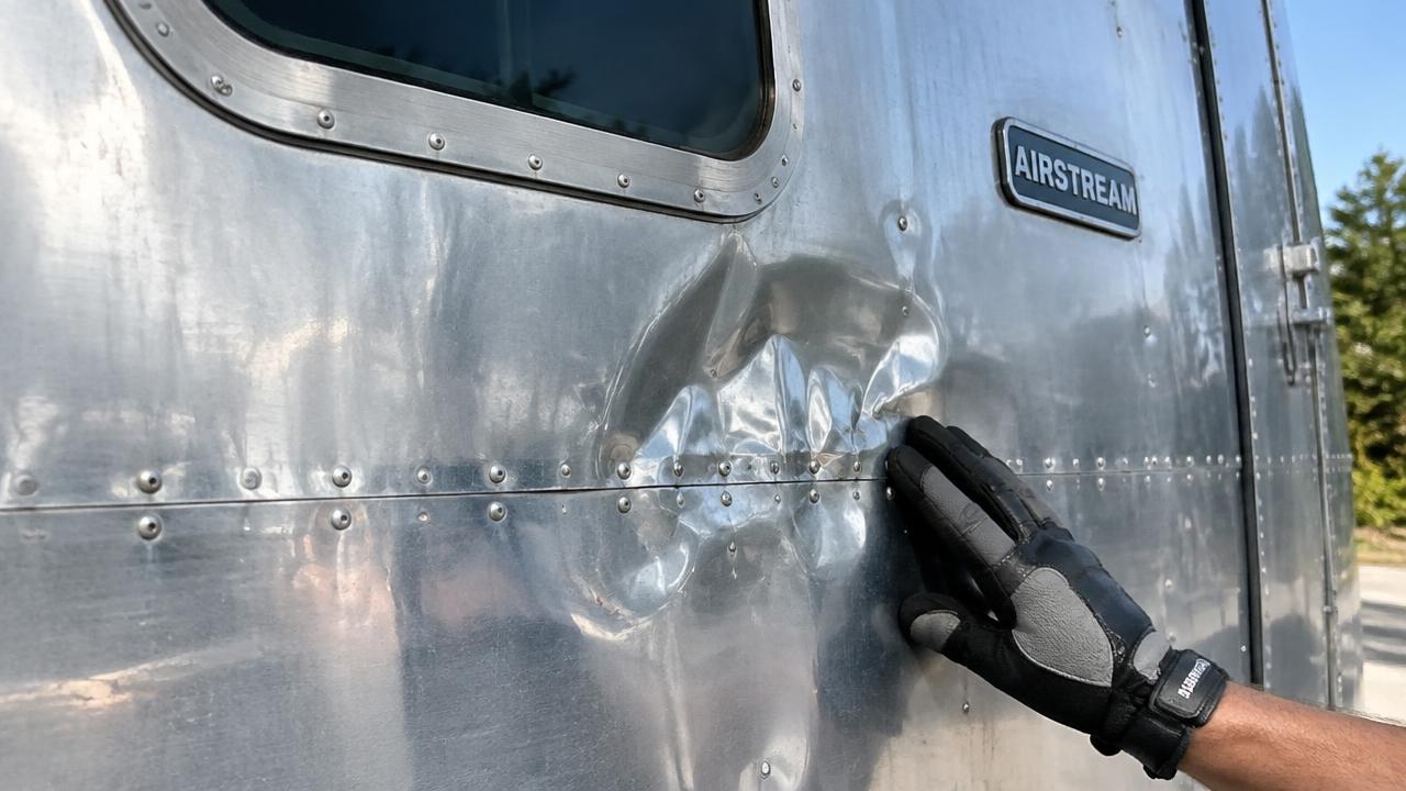 Gloved hand inspecting a dent in a riveted aluminum Airstream panel