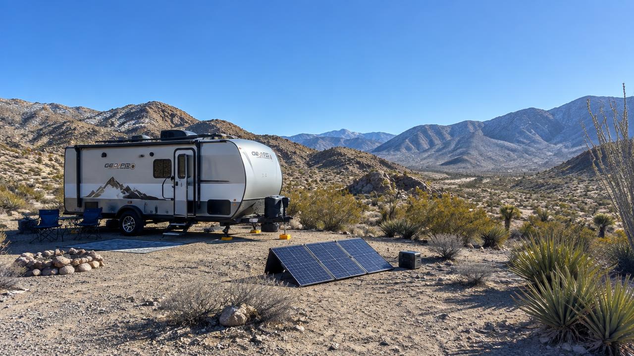 Travel trailer camped in the desert with portable solar panels on the ground