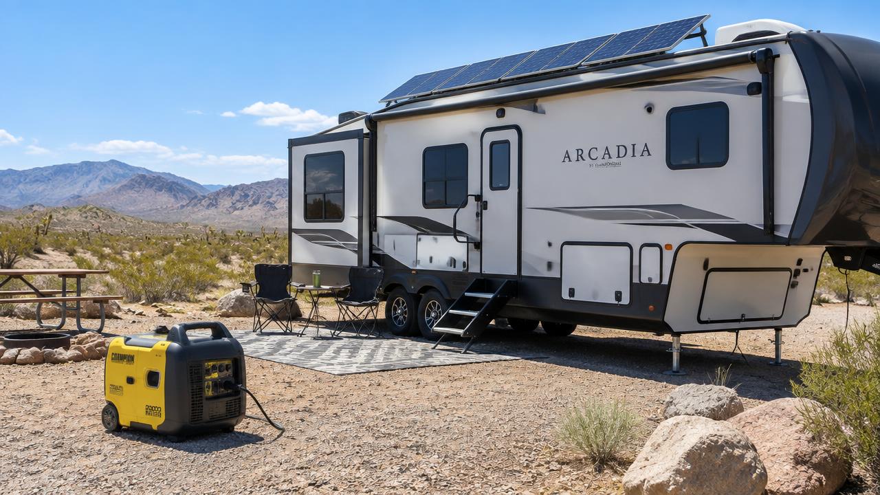 Fifth wheel RV with roof solar and a portable generator at a desert campsite