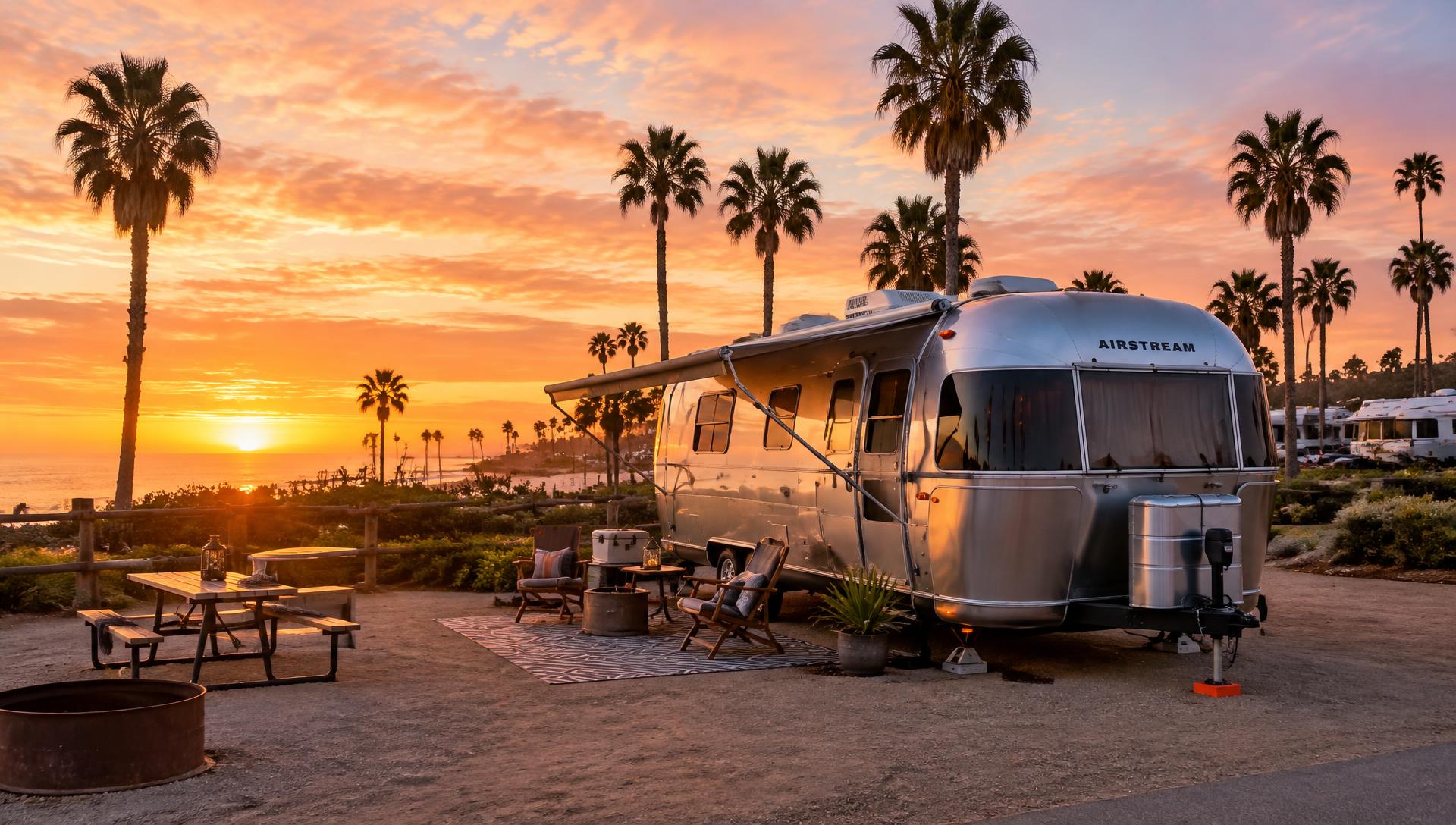 Airstream at a Southern California campground at sunset