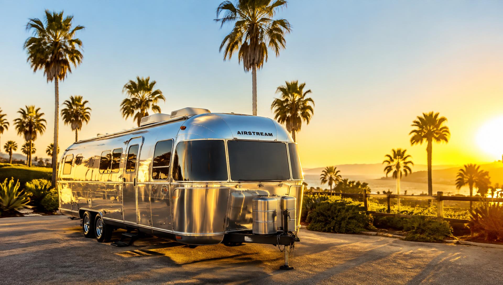 Polished vintage Airstream in Southern California golden-hour sun